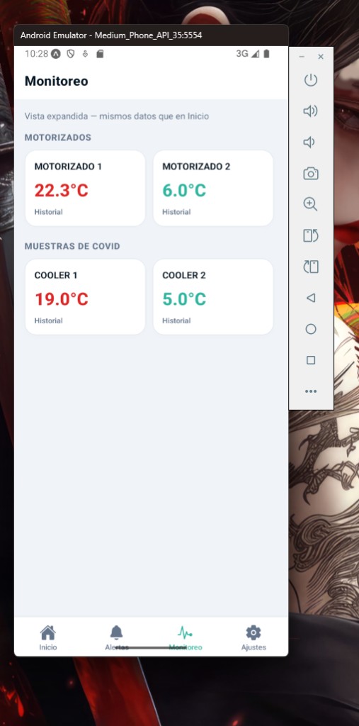 Vista de monitoreo expandida con sensores por categoría