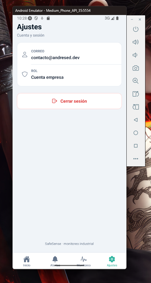 Pantalla Ajustes con correo y rol de cuenta