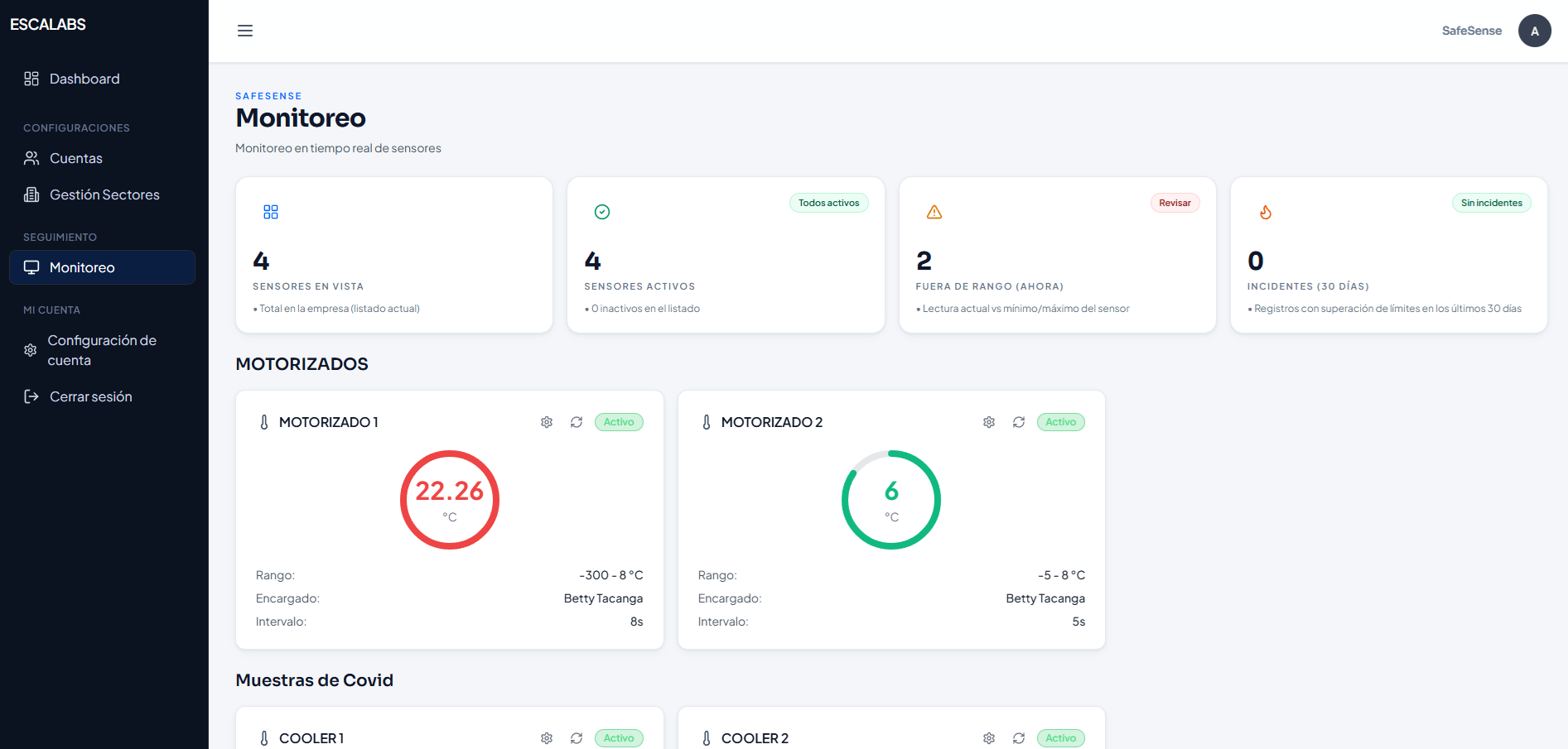 Panel web SafeSense con sensores en tiempo real, gauges de temperatura y estado de alertas