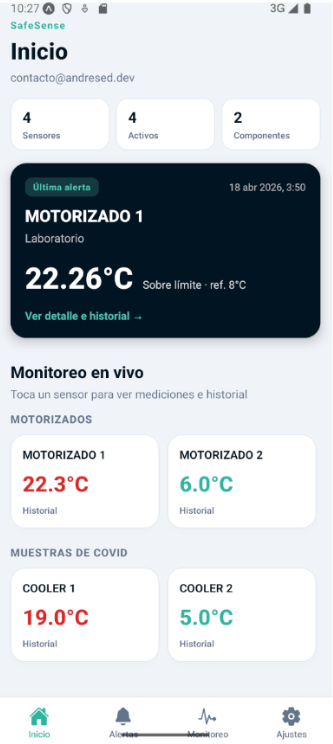 App móvil SafeSense con última alerta, monitoreo en vivo de sensores y navegación Inicio, Alertas y Monitoreo